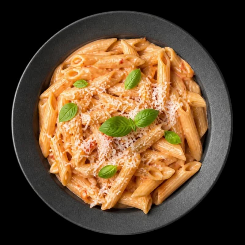 Penne in pink sauce, topped with grated cheese and fresh herbs