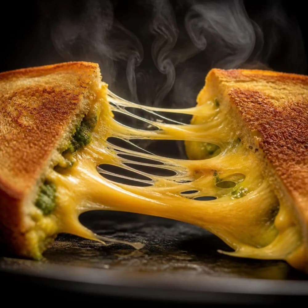 Cheese toast pulled apart with long strings of melted cheese