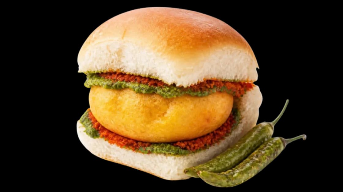 Vada pav with green and red chutney and fried green chillies